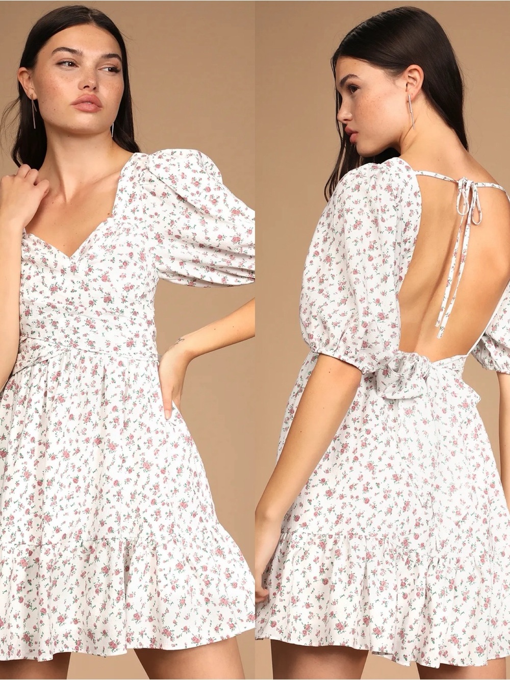 Lulus So Sweetly Floral Puff Sleeve Open Back Mini Dress Large